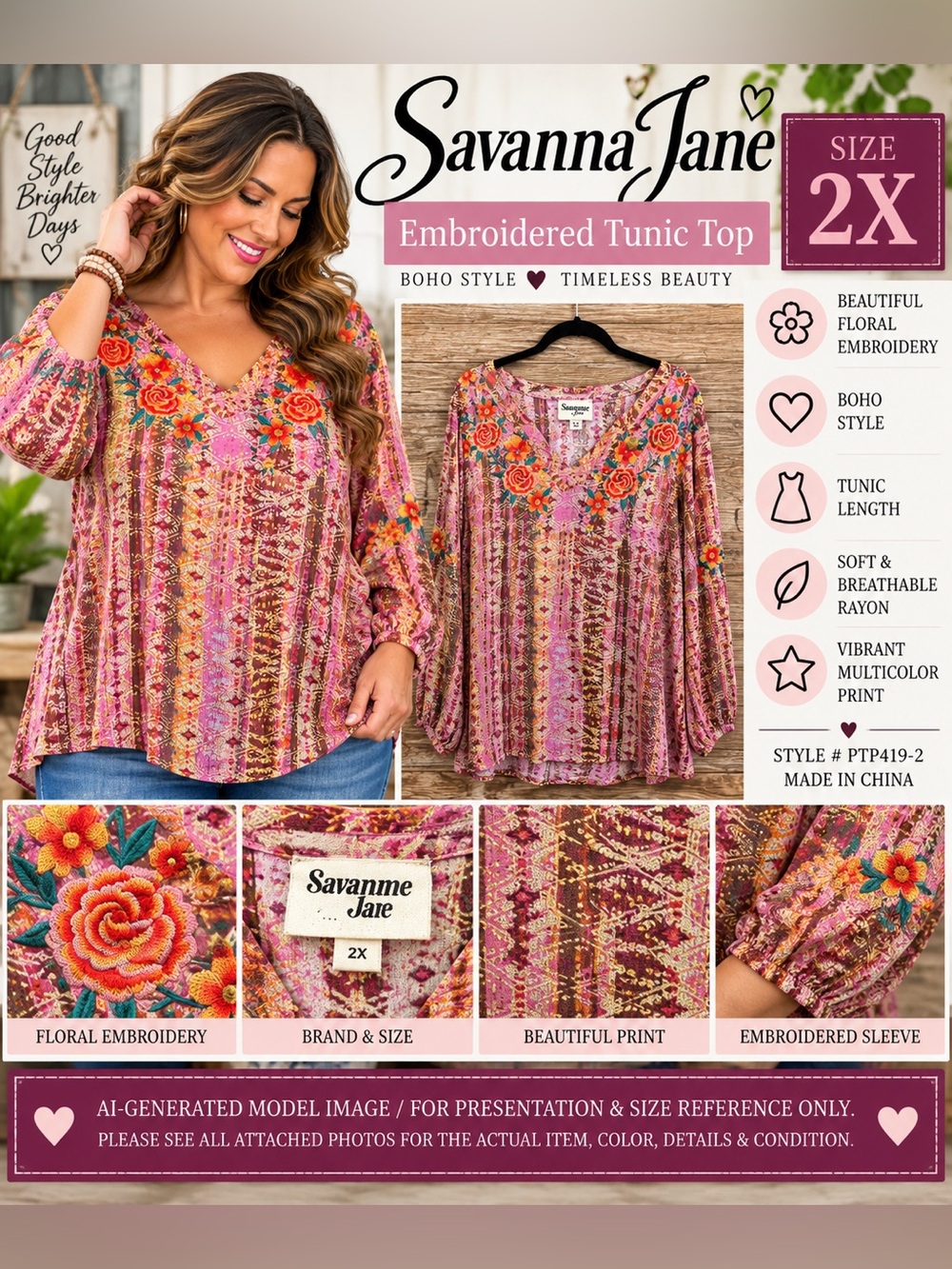Savanna Jane Embroidered Floral Boho Tunic Top 2X